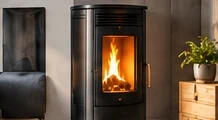 Black pellet stove with a visible flame