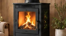 Lit wood-burning stove in an interior