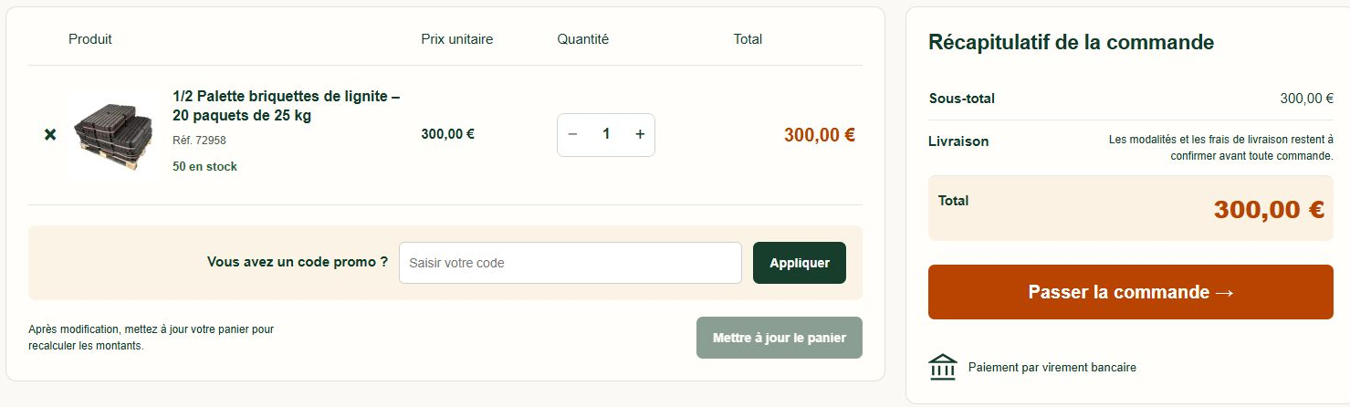 Real DENVA FOREST cart showing the selected briquettes, quantity one, 300,00 euro pricing, order summary and Passer la commande action.