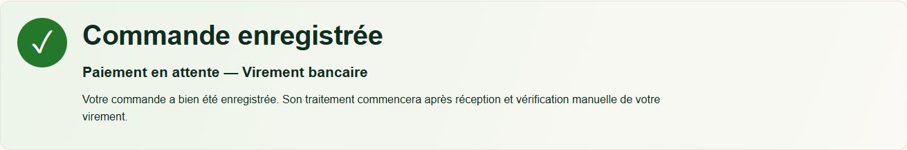 Real French confirmation state: Commande enregistrée, with bank-transfer payment pending and manual verification explained.