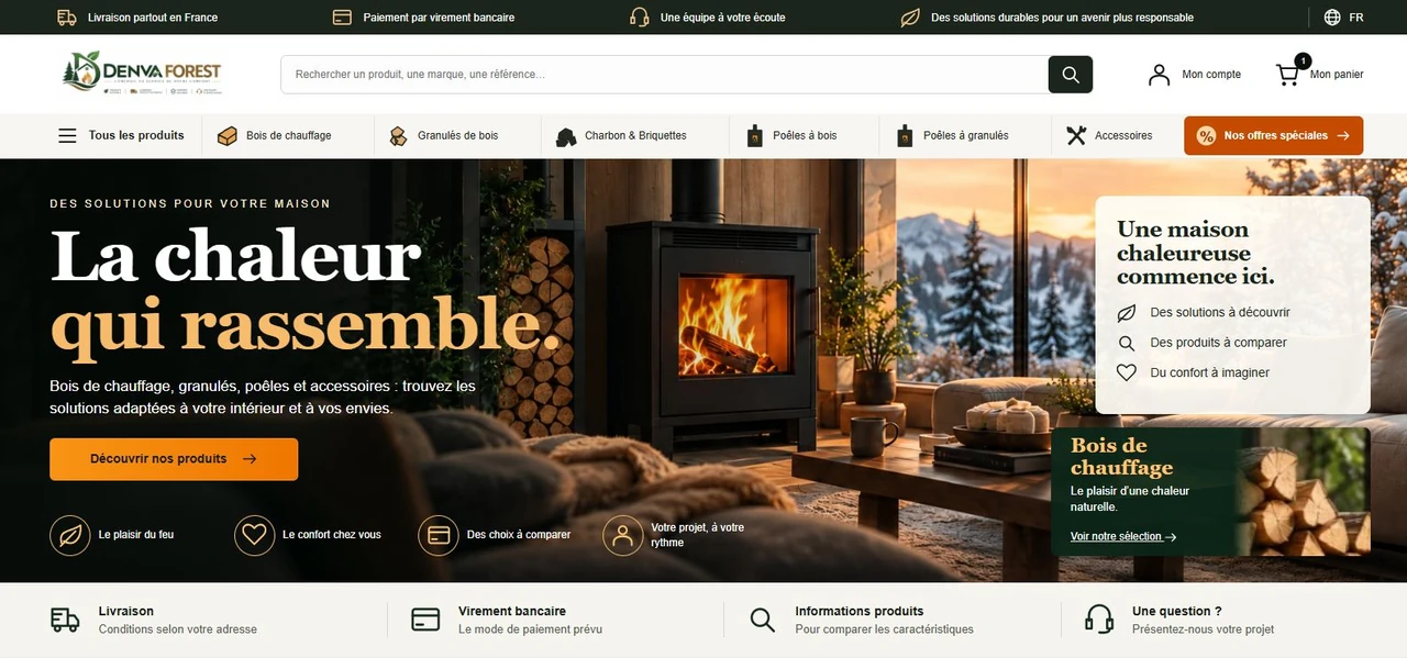 DENVA FOREST homepage with French heating categories and the La chaleur qui rassemble fireplace hero.