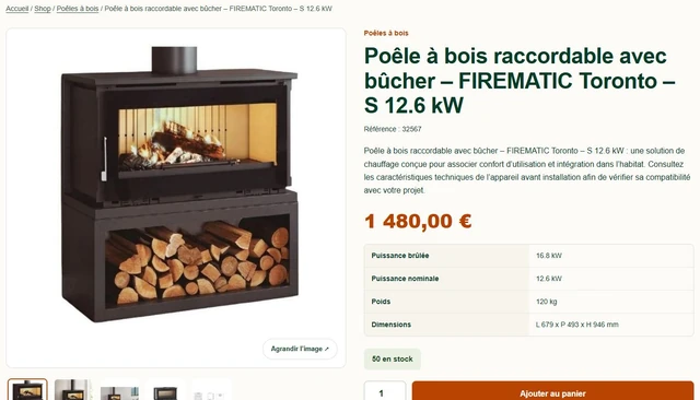 FIREMATIC Toronto wood stove product page with real photography, price, specifications and purchasing controls.