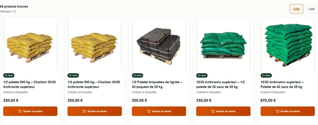 Real catalog showing 68 products, charcoal and briquette cards, euro prices and add-to-cart buttons.