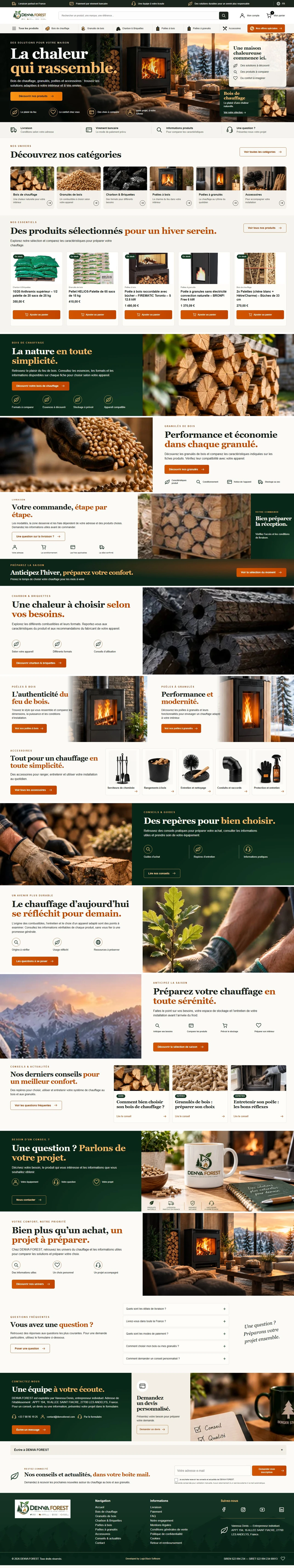 DENVA FOREST ecommerce homepage showing heating product categories, featured products, delivery information, shopping pathways and the footer.