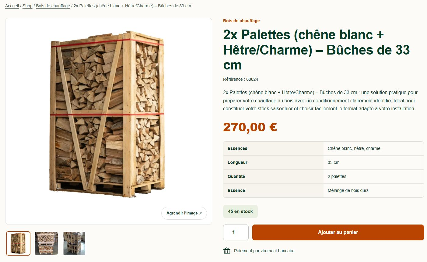 DENVA FOREST firewood product page with pallet imagery, French title, 270,00 euro price, specifications and purchase controls.