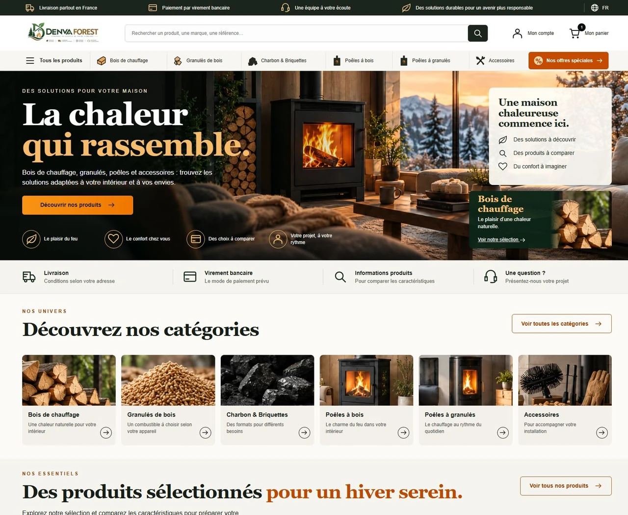 Real desktop DENVA FOREST homepage with broad navigation and fireplace hero.