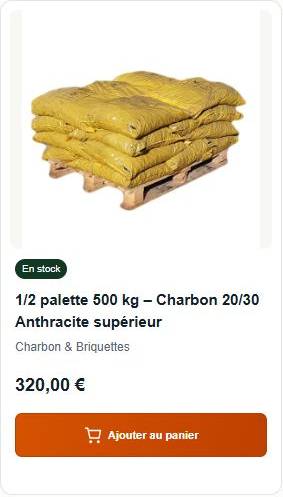 Real charcoal product card: yellow bags, En stock badge, French product name, Charbon & Briquettes category, 320,00 euro price and Ajouter au panier action.