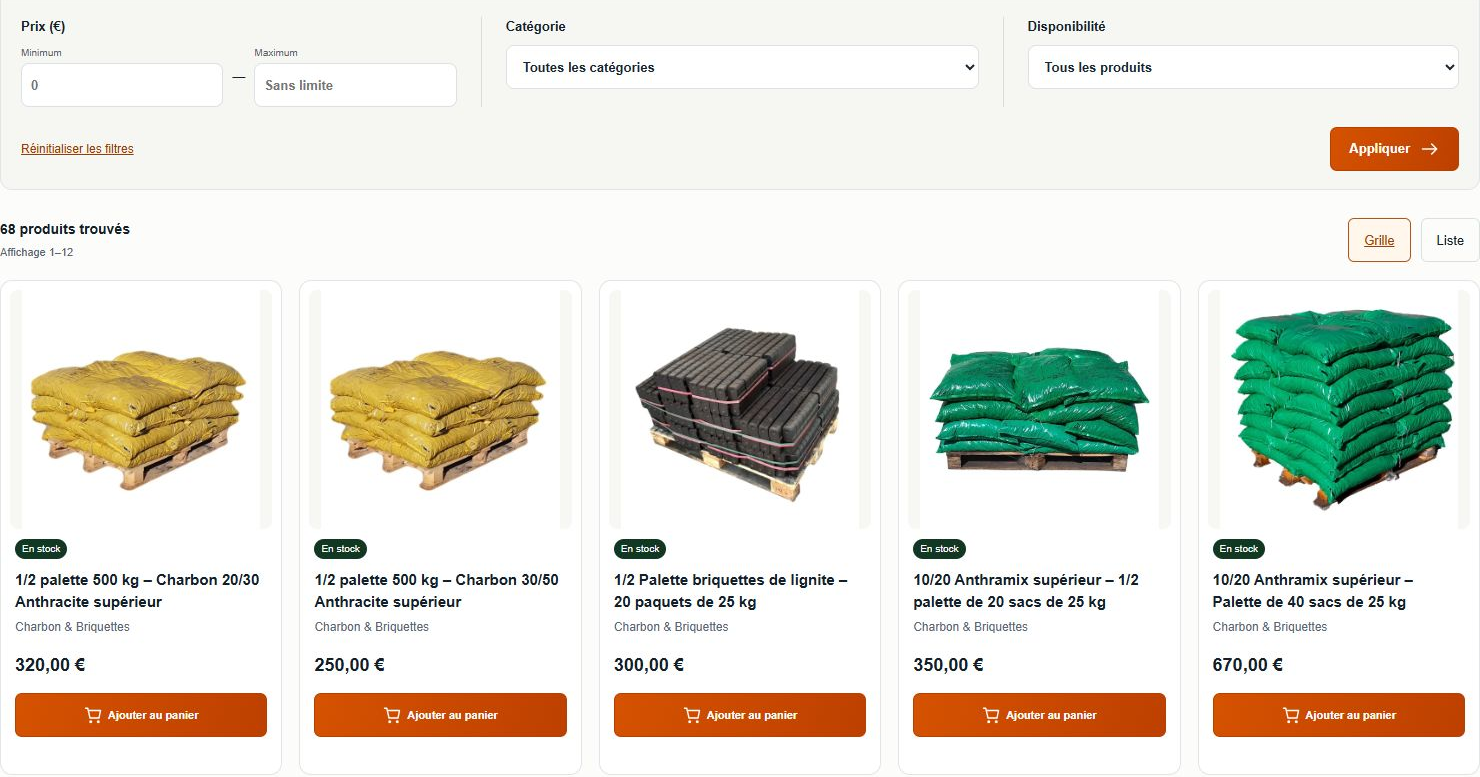 Real DENVA FOREST catalogue showing price, category and availability controls, result count, product images, French names and euro prices.