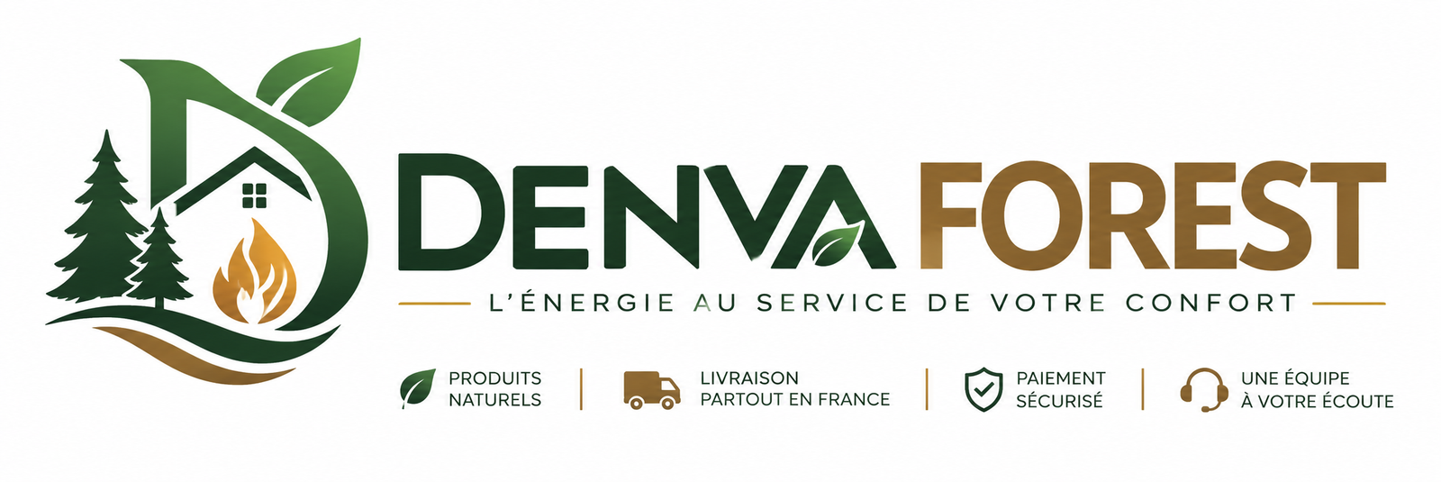 DENVA FOREST production logo with forest, flame and green-and-gold wordmark.
