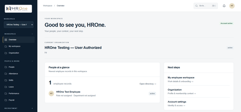 HROne HR workspace dashboard