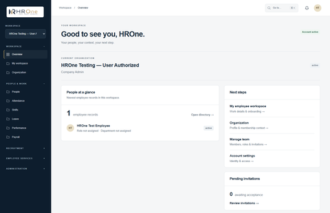 HROne Organization Admin workspace dashboard