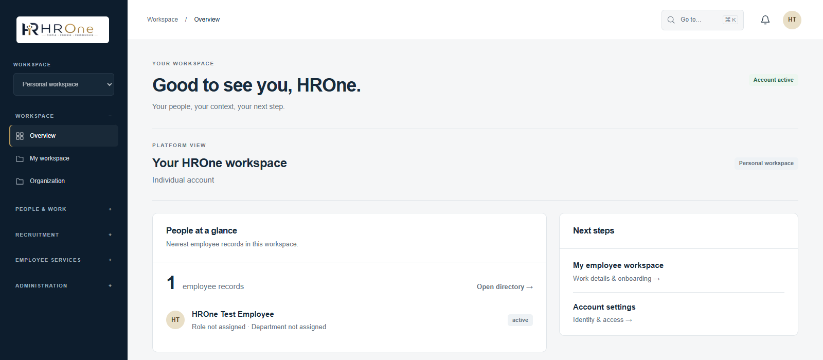HROne Super Admin workspace dashboard
