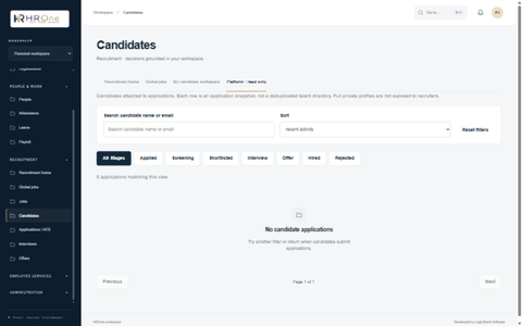 HROne Candidates recruitment workspace