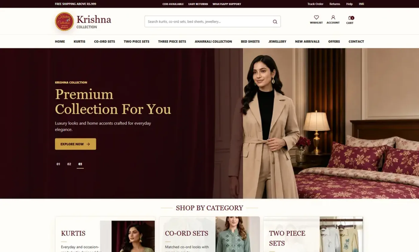 Krishna Collection ecommerce homepage desktop preview