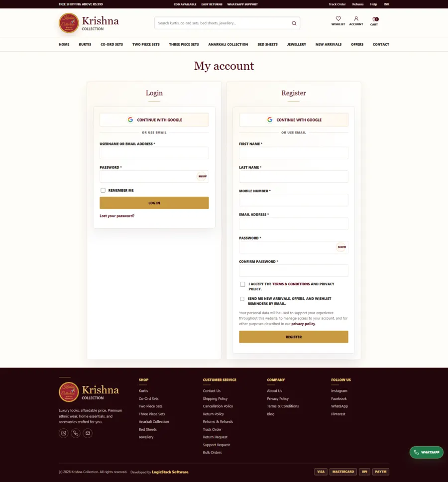 Krishna Collection login and register page screenshot
