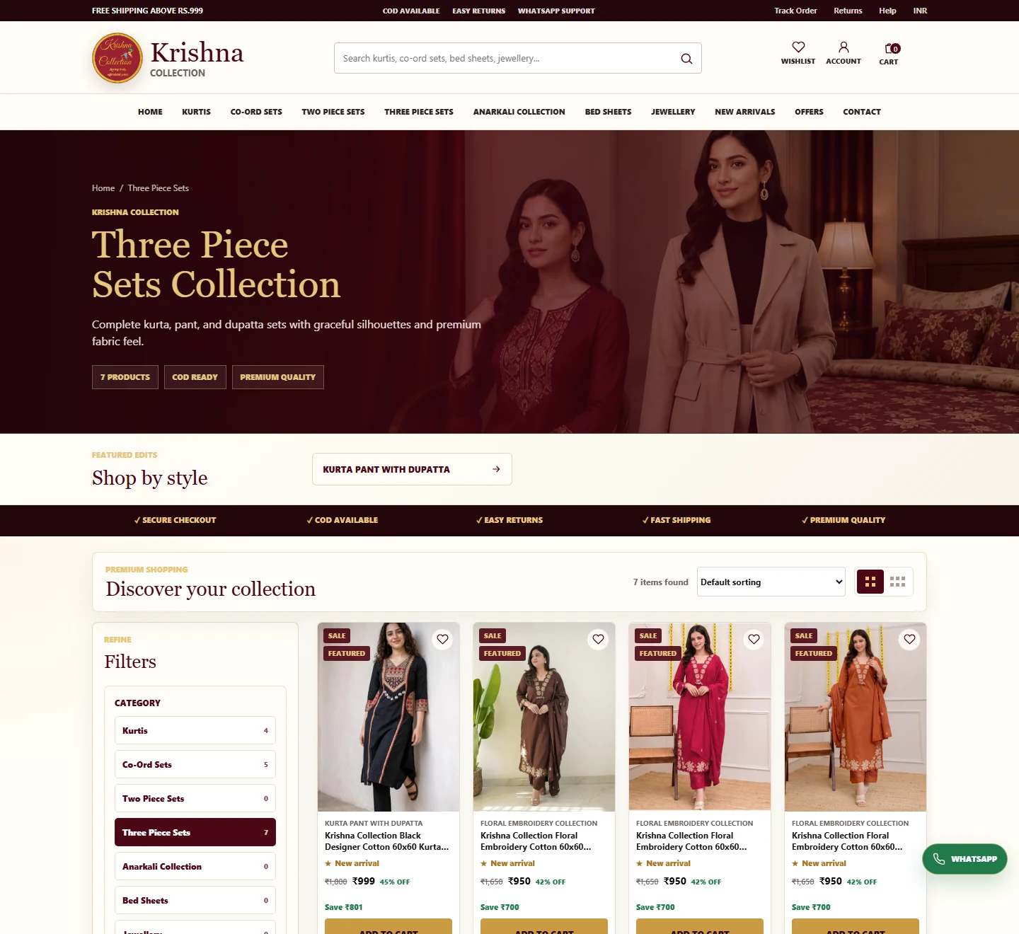 Krishna Collection Three Piece Sets category page desktop ecommerce case study