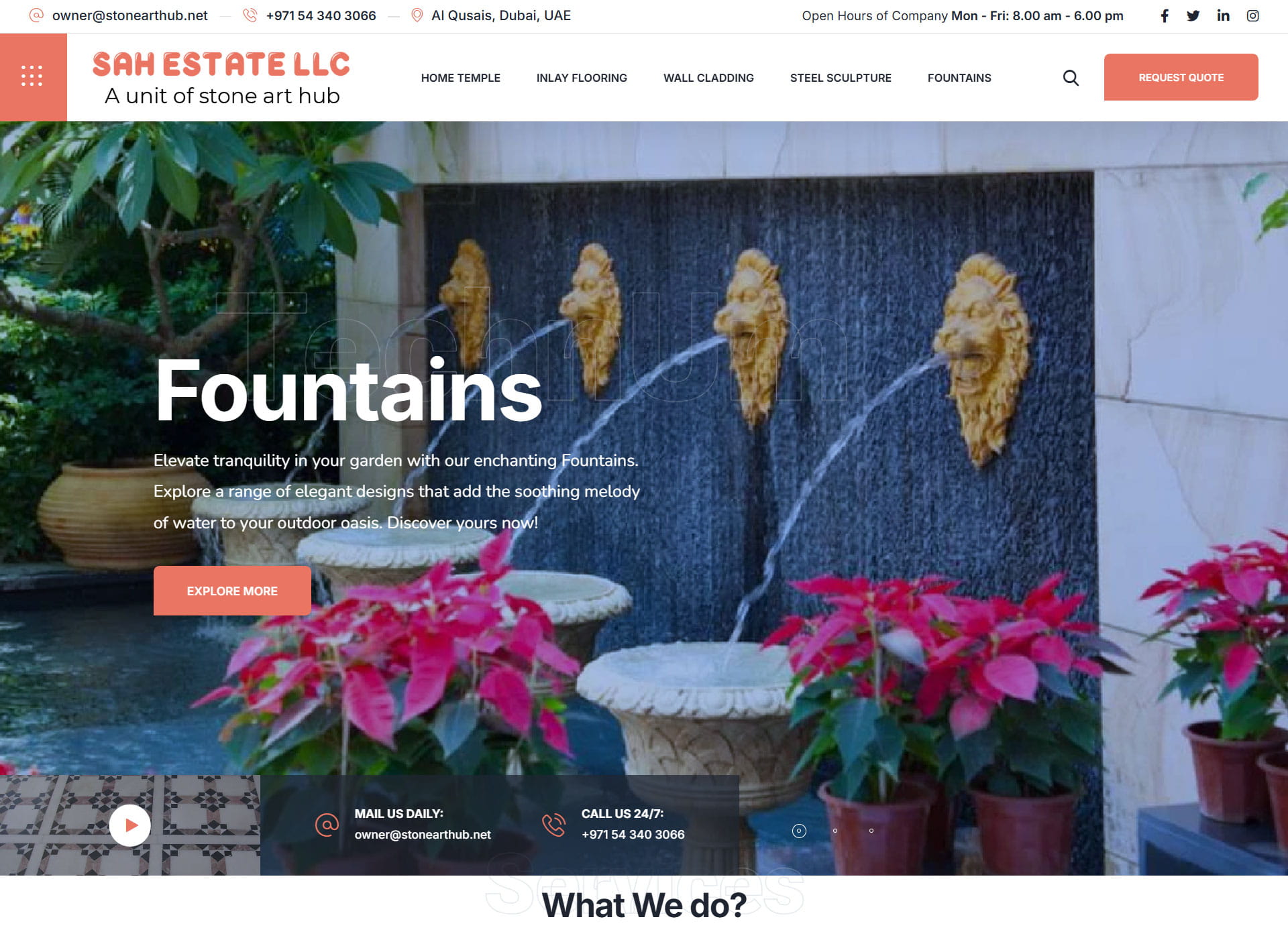 Archived SAH Estate LLC website showing its stone fountain range and Stone Art Hub identity