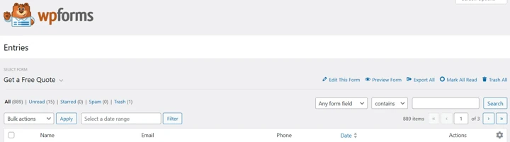WPForms Get a Free Quote: 889 total entries; customer rows removed for privacy