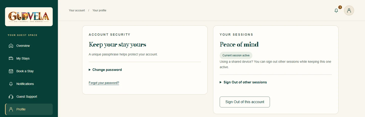 GUDVELA account security screen showing Change password, Current session active, Sign Out of other sessions and Sign Out of this account