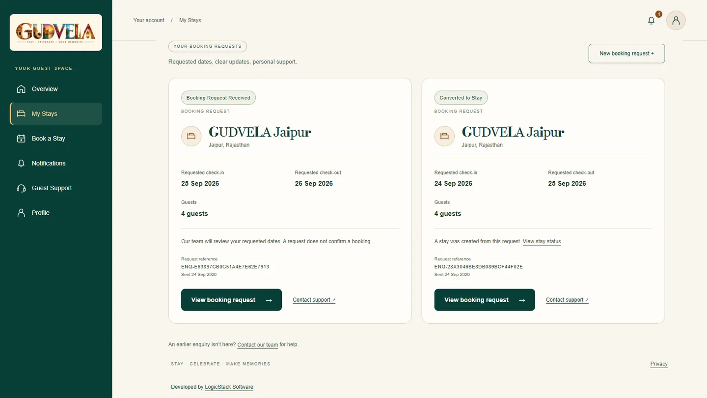 GUDVELA booking requests showing a received request and a request converted to a stay, with references and contact links