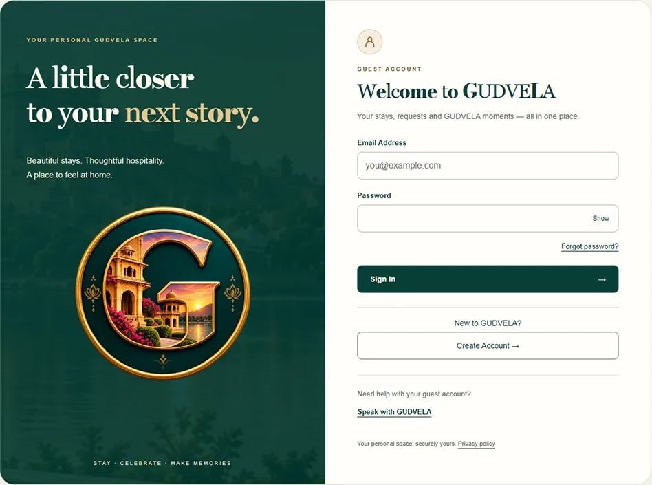 GUDVELA guest sign-in screen with branded welcome panel, email and password fields, password recovery and Create Account link