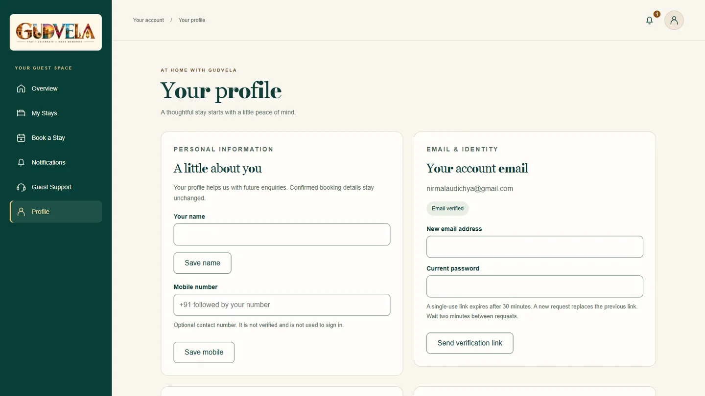 GUDVELA Your profile screen with name and mobile number fields and account email verification controls