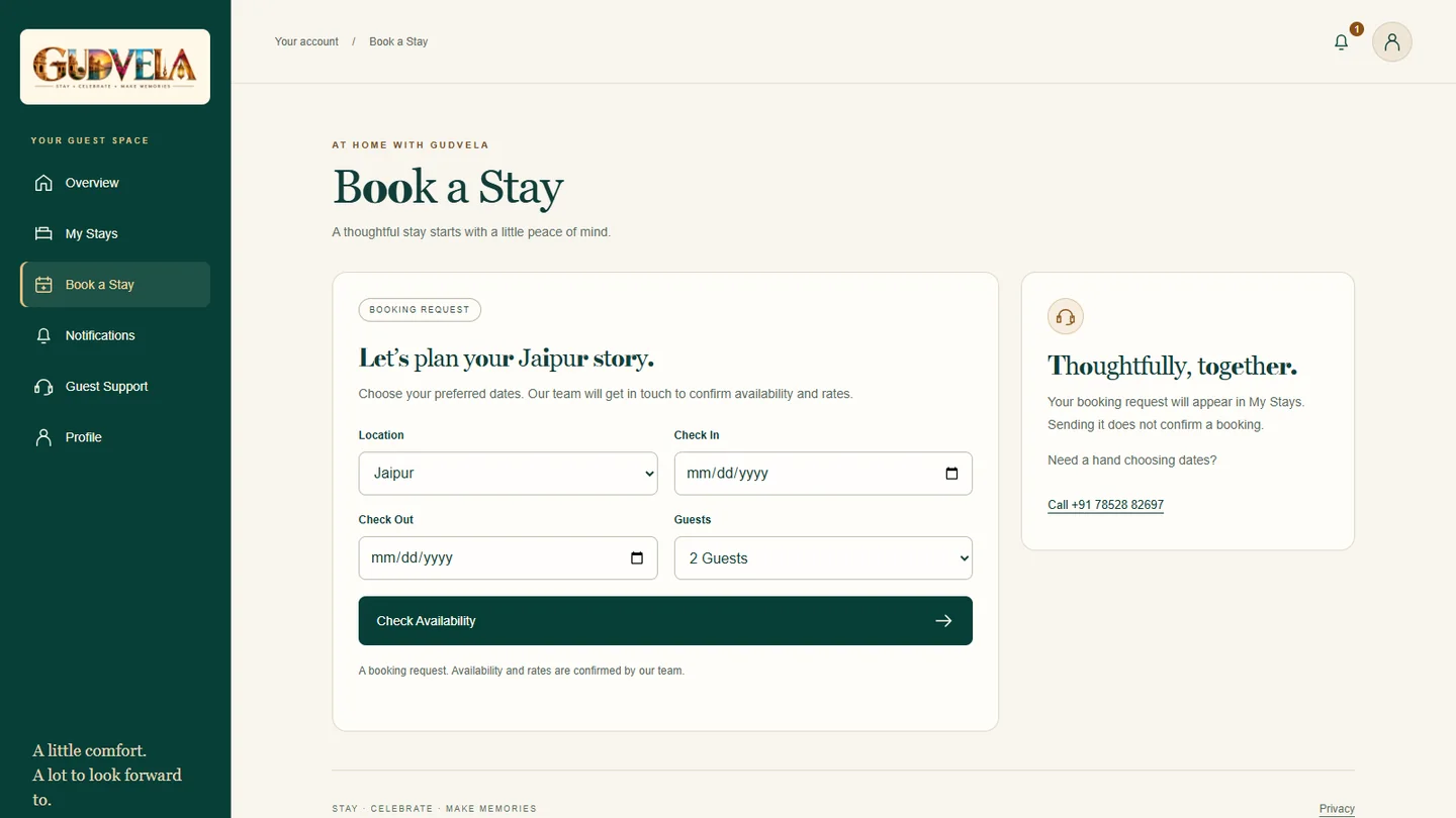 GUDVELA Book a Stay page with location, check-in, check-out and guest selection
