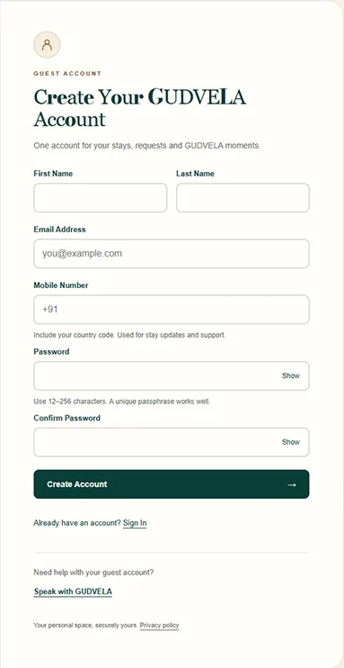 Registration form cropped from the supplied GUDVELA desktop screenshot, showing name, email, mobile and password fields