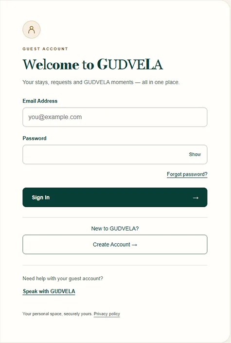 Sign-in form cropped from the supplied GUDVELA desktop screenshot, with email and password fields