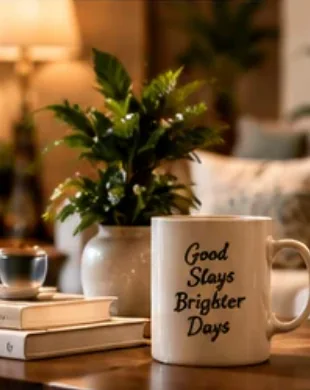 A hospitality illustration cropped from the supplied GUDVELA website, showing a coffee mug, flowers and a warmly lit interior