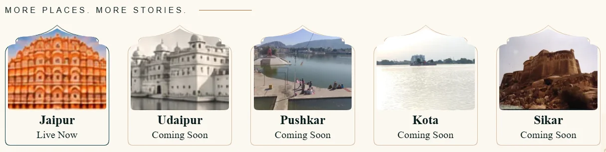Supplied destination cards showing Jaipur Live Now, with Udaipur, Pushkar, Kota and Sikar marked Coming Soon