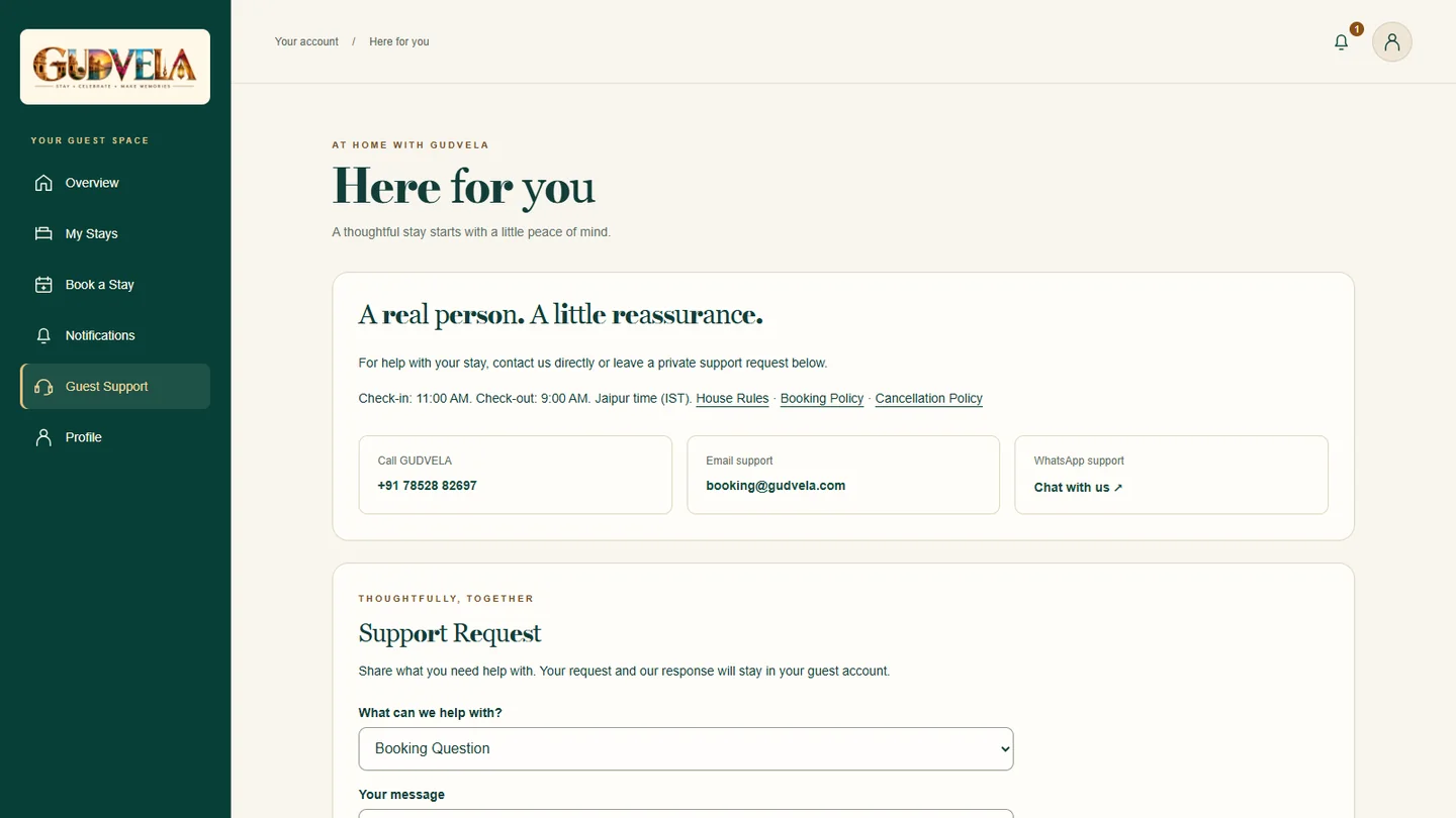 GUDVELA Here for you page with phone, email, WhatsApp support and a private support request form
