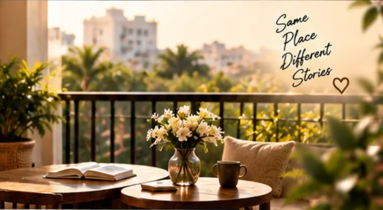 Sunlit terrace illustration from the supplied GUDVELA website with an open book, flowers and distant buildings