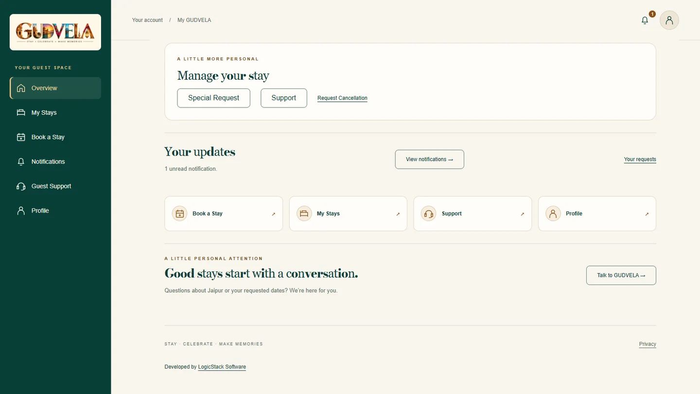 GUDVELA guest dashboard showing Manage your stay, special requests, support, cancellation requests and account updates