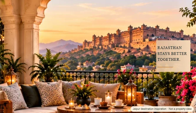 Jaipur-inspired terrace and hilltop fort illustration from the supplied GUDVELA property page