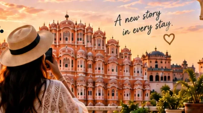 Traveller looking toward Jaipur heritage architecture in the supplied GUDVELA illustration