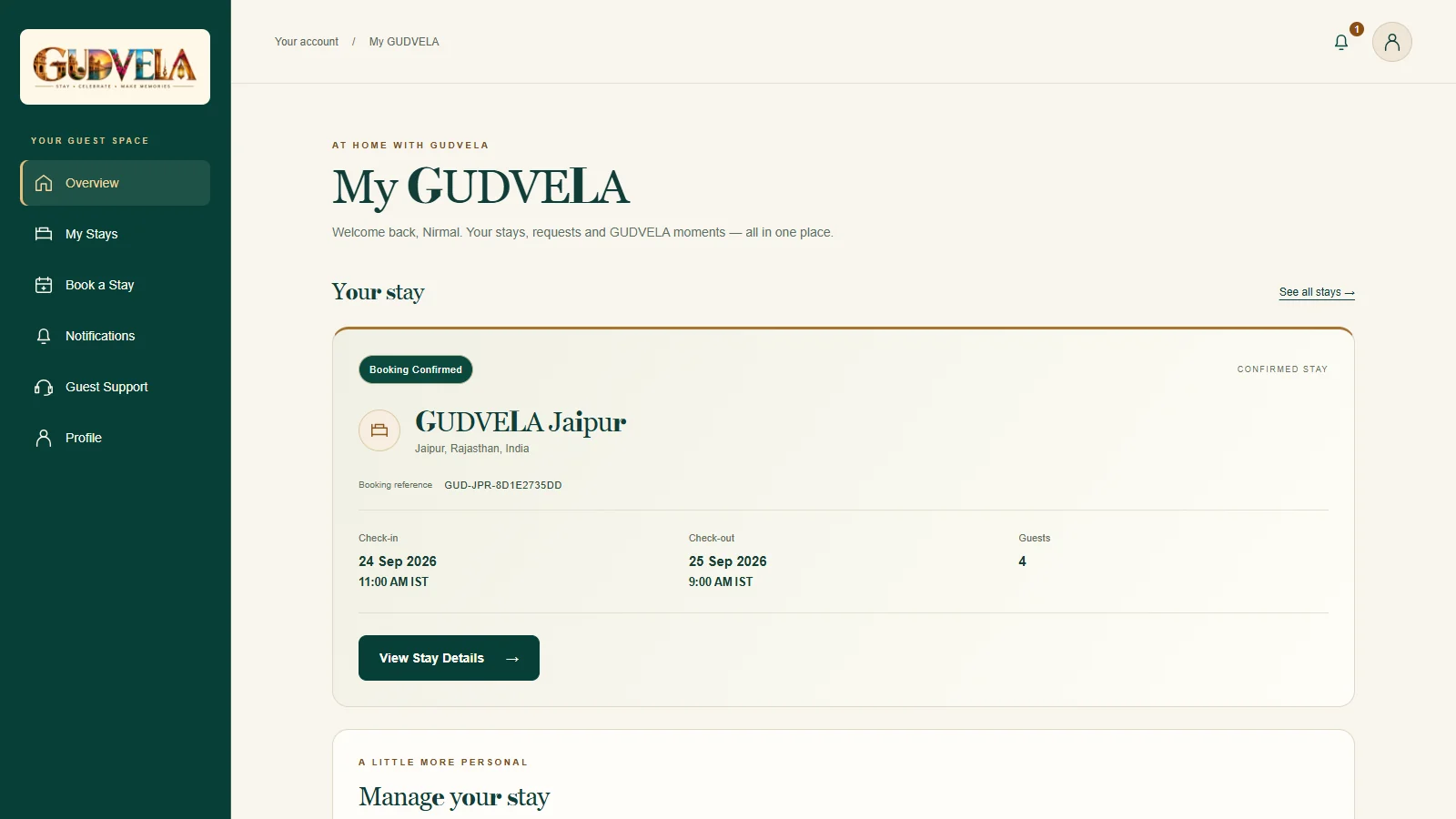 Desktop screenshot of the My GUDVELA guest dashboard with a stay summary