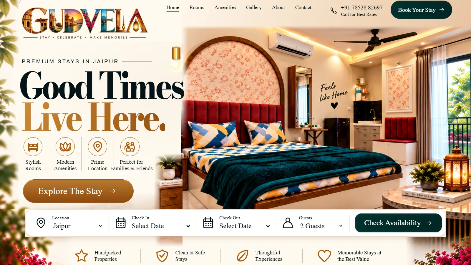 GUDVELA desktop homepage showing a private stay bedroom and availability enquiry controls
